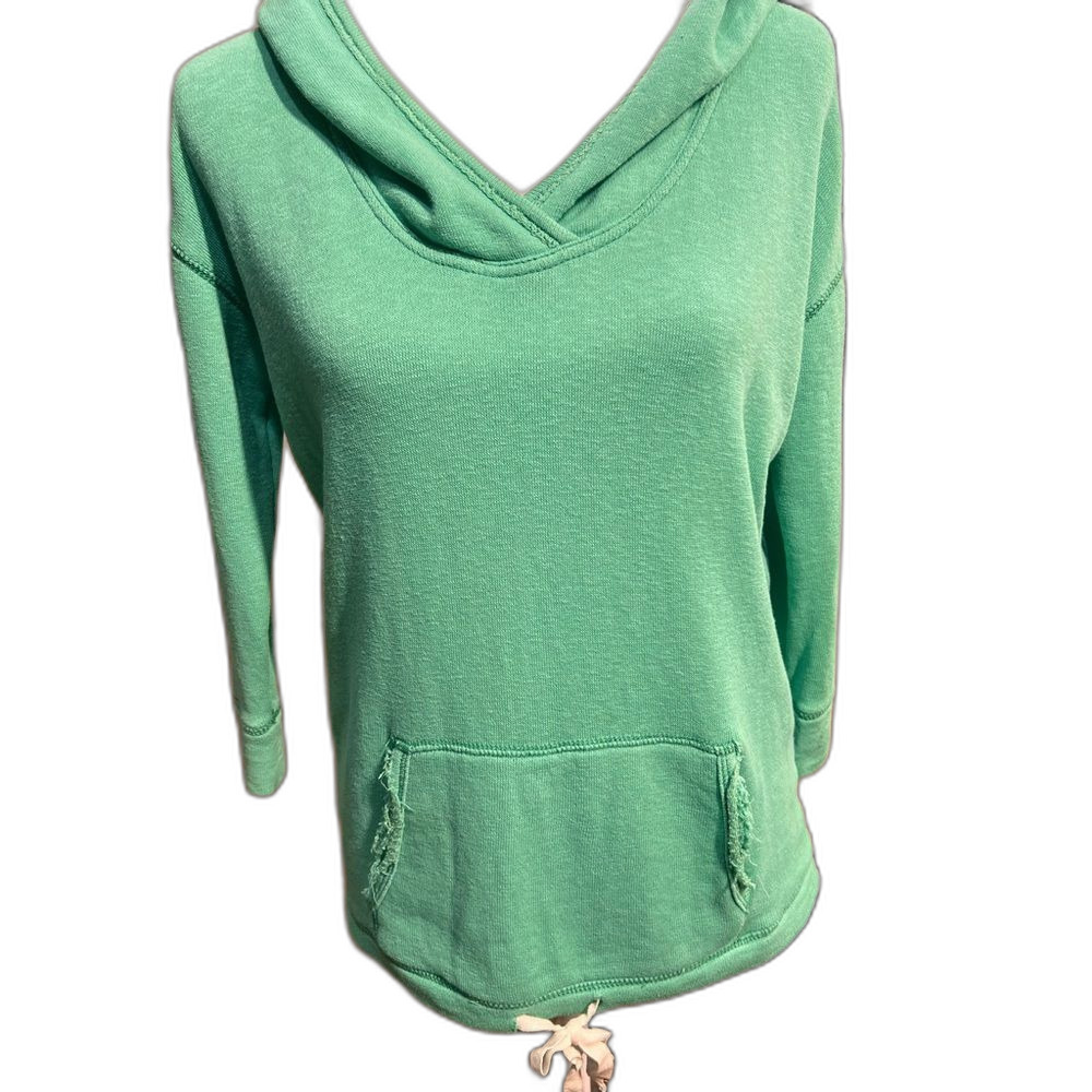 Aerie Tie Waist Hoodie Green French Terry Knit Relaxed Pullover Pocket Sz S